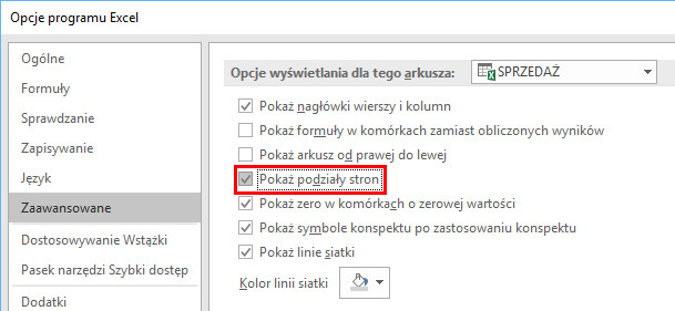 excel podział strony