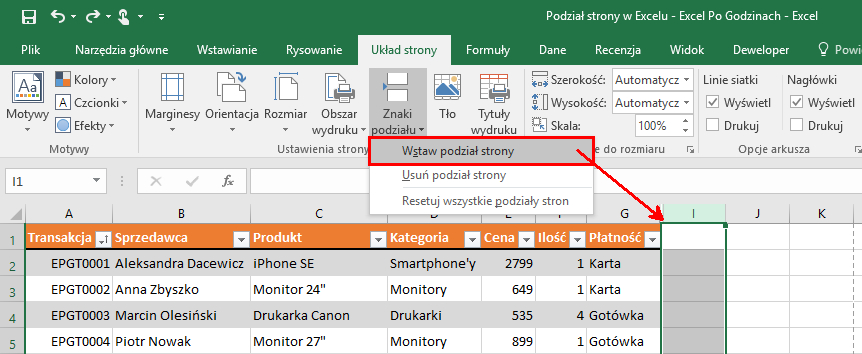 excel podział strony